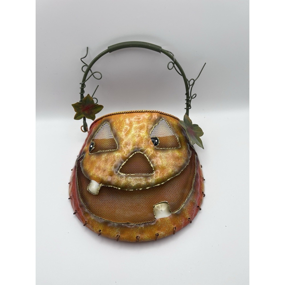 Vintage Metal Jack O Lantern Wall Pocket Halloween Tin Pumpkin Planter Decor